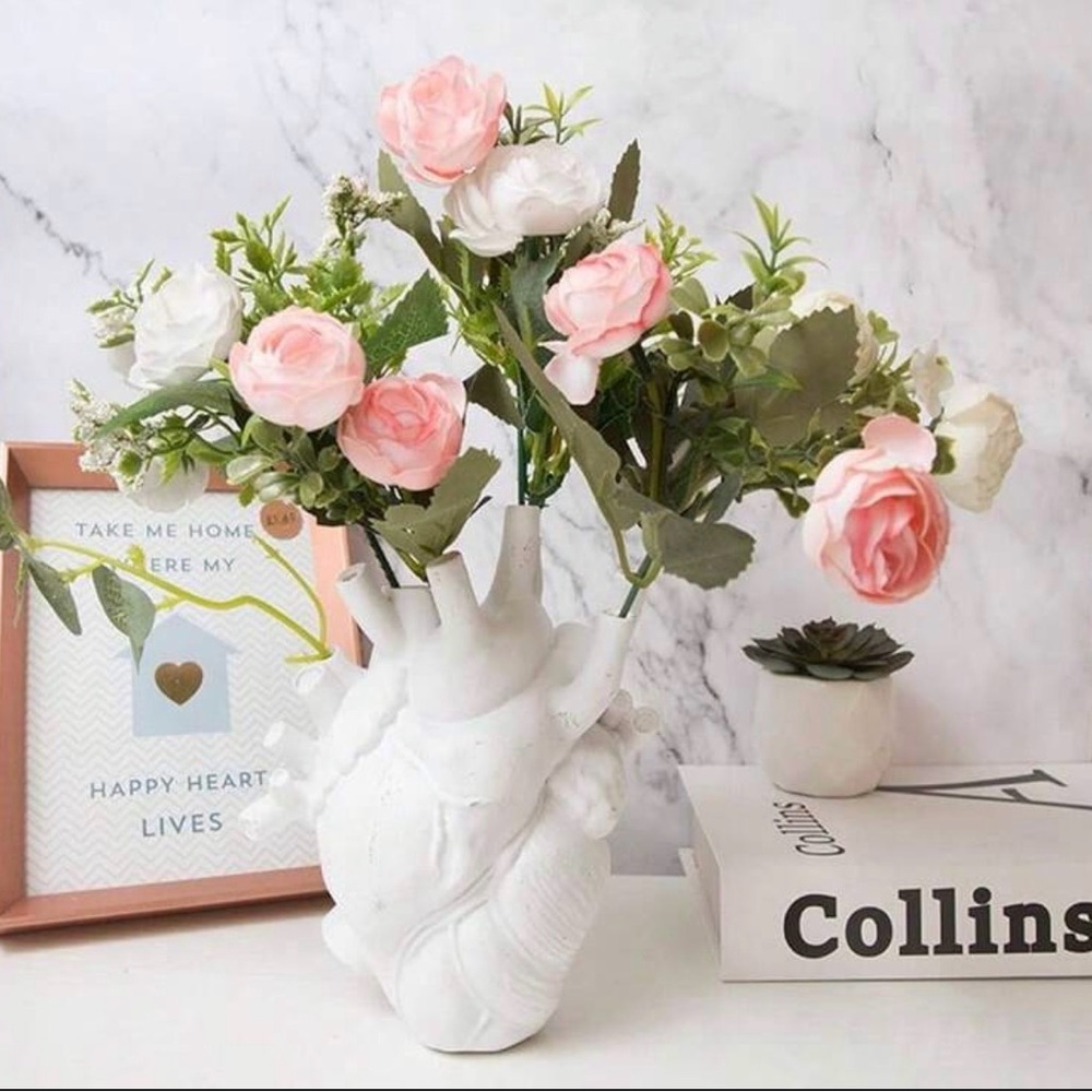 White Ceramic Heart Vase with Pink and White Flowers